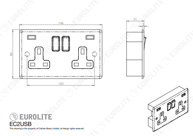 Concealed 3mm 2 Gang USB Socket