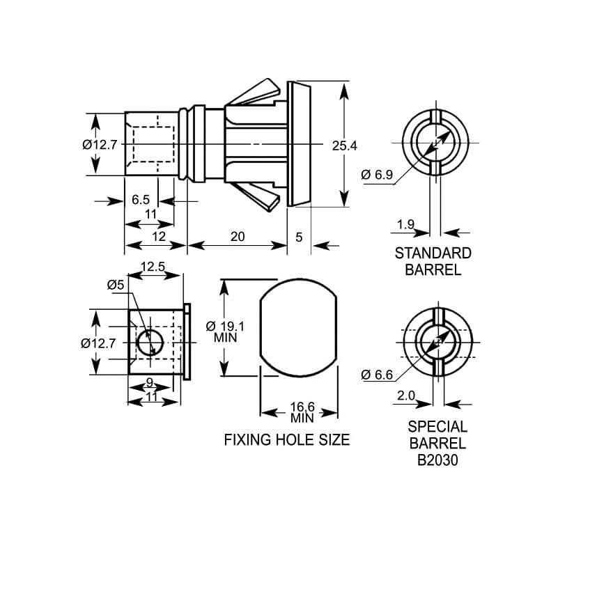 1306 Square Face Snap Fix 20mm Body Multi-Drawer Cam Lock