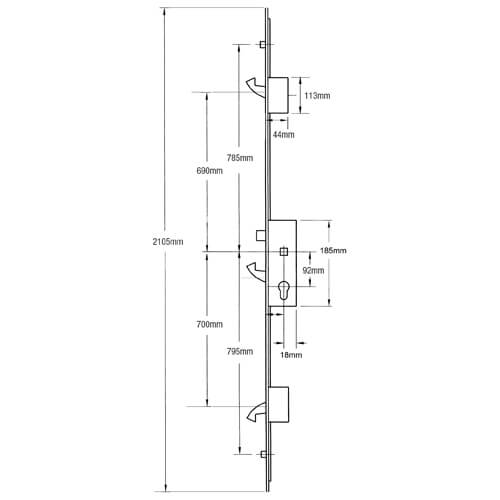 Scorpion Latch 3 Hooks 2 Rollers Split Spindle Multipoint Door Lock - Option 2 (top hook to spindle = 690mm)
