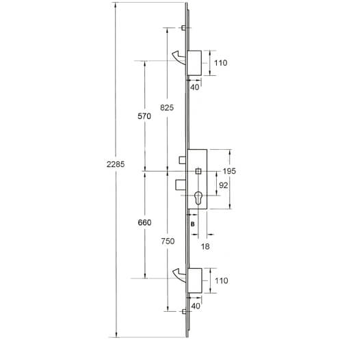 Latch Deadbolt 2 Hooks 2 Outboard Rollers Lift Lever Multipoint Door Lock - Option 2 (top hook to spindle = 570mm)