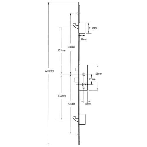 Latch Deadbolt 2 Hooks 2 Outboard Rollers Lift Lever Multipoint Door Lock - Option 1 (top hook to spindle = 455mm)