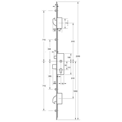 Latch Deadbolt 2 Hooks 4 Rollers Split Spindle Multipoint Door Lock - Option 1 (top hook to spindle = 610mm)