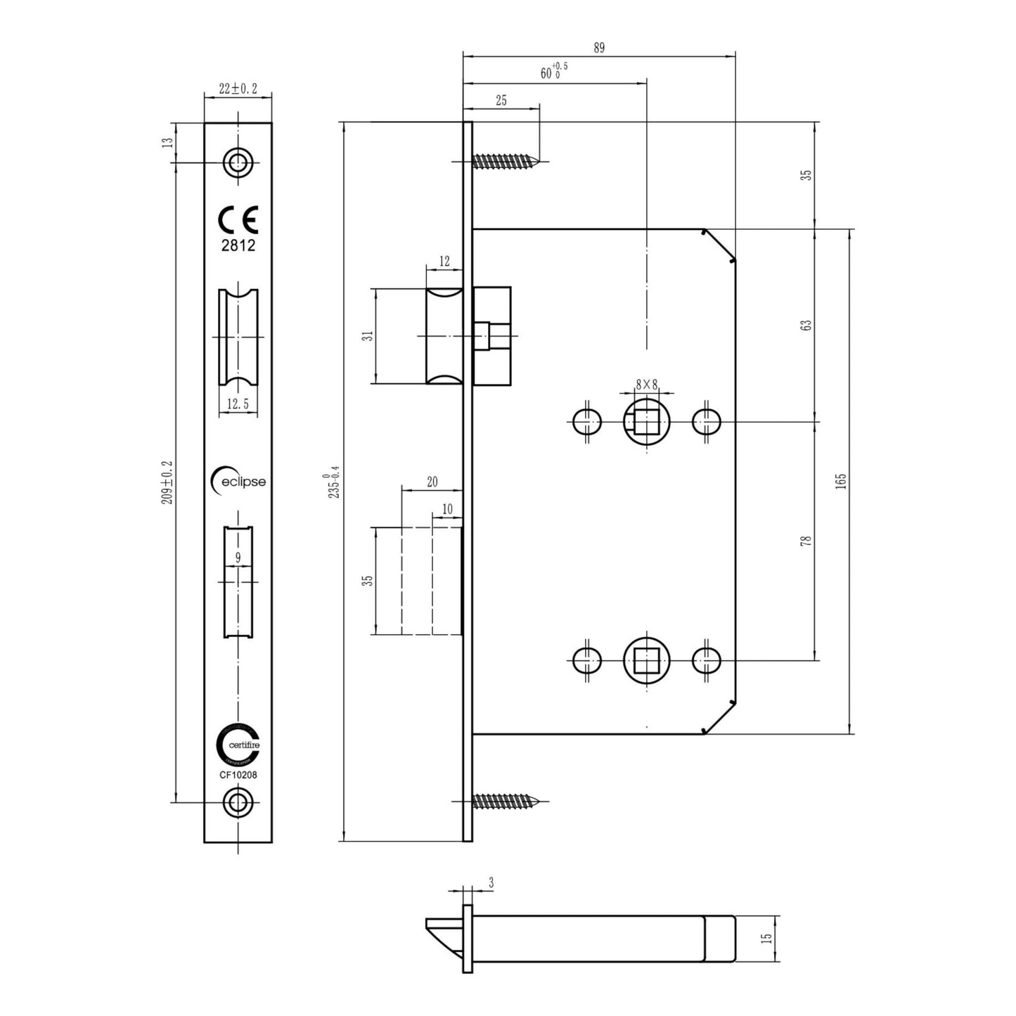 Din Bathroom Lock Square 60mm