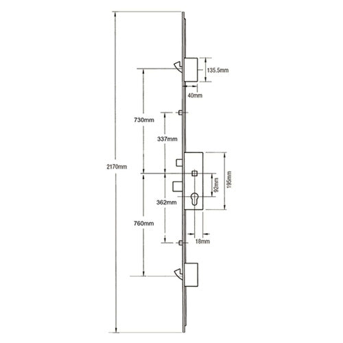856 Type 3 Latch Deadbolt 2 Rollers 2 Hooks Lift Lever Multipoint Door Lock (top hook to spindle = 730mm)