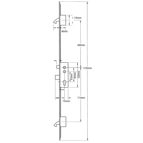 Latch Deadbolt 2 Hooks Double Spindle Multipoint Door Lock - 20mm Faceplate