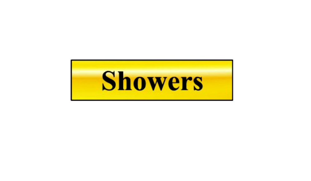 ASEC `Showers` 200mm X 50mm Gold Self Adhesive Sign
