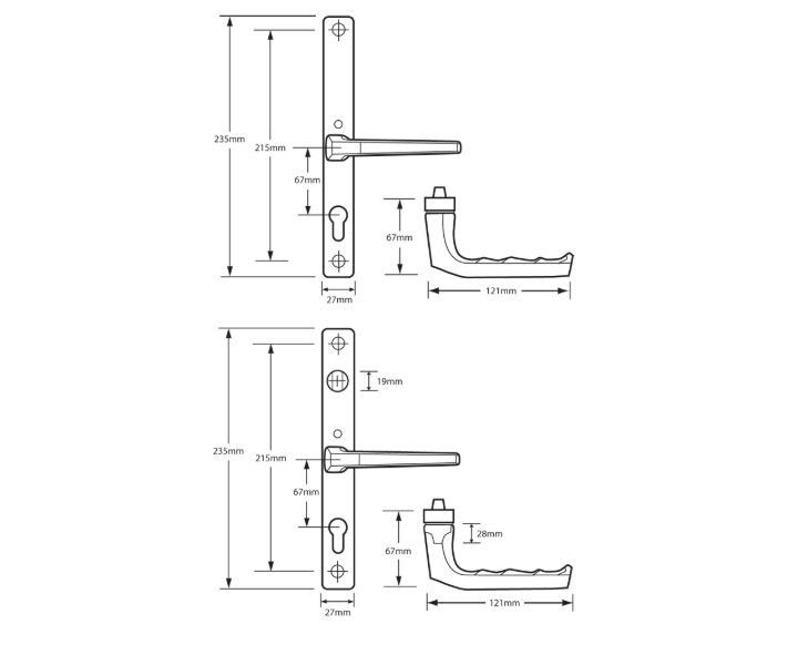 HOPPE Sprung Lever/Lever Multipoint Door Handles 68mm PZ 215mm Fixings With Snib