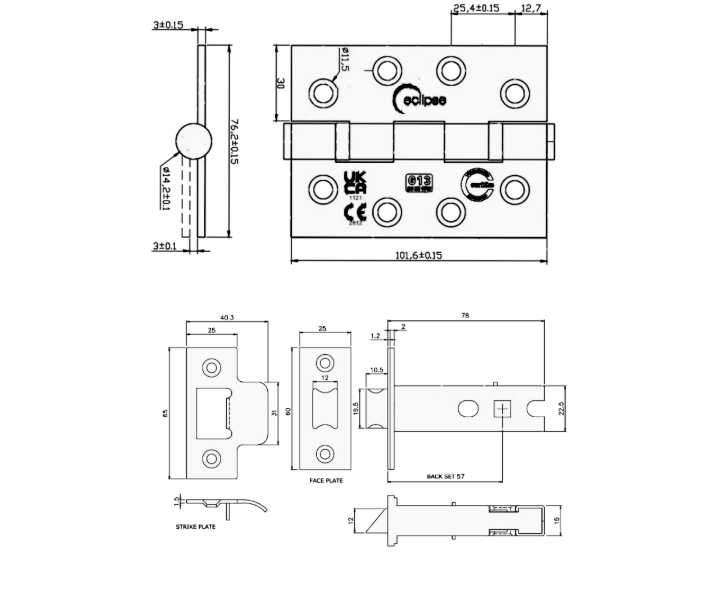 ECLIPSE Internal Fire Door Latch Pack With Hinges (Grade 13), Latch (76mm) & Intumescent