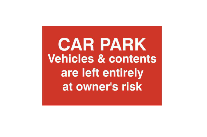 ASEC `Car Par Vehicles & Contents Left entirely At Owners Risk` 200mm x 300mm PVC Self Adhesive Sign