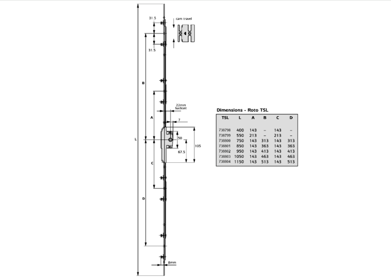 TSL Twin Cam Espagnolette With 8mm Cam Height & 22mm Backset