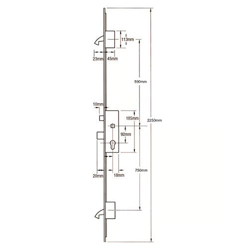 Latch Deadbolt 2 Hooks 24mm U-Rail Faceplate Multipoint Door Lock - Option 2 (top hook to spindle = 590mm)