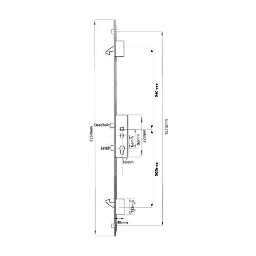 Latch Deadbolt 2 Hooks Double Spindle Multipoint Door Lock (top hook to spindle = 645mm) - Shootbolt Compatible