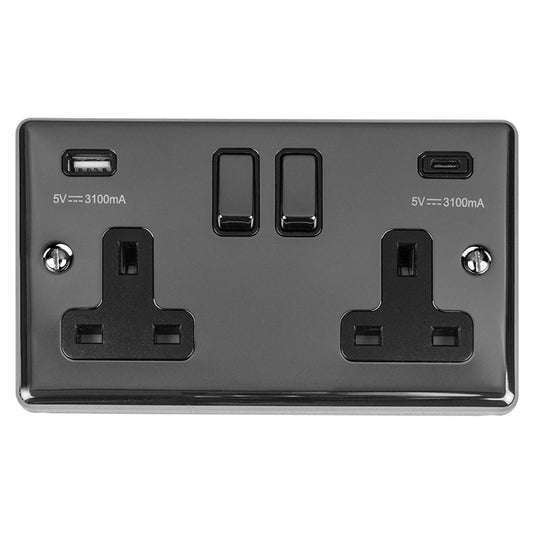13Amp 2 Gang switched socket with 3.1Amp USB A+C