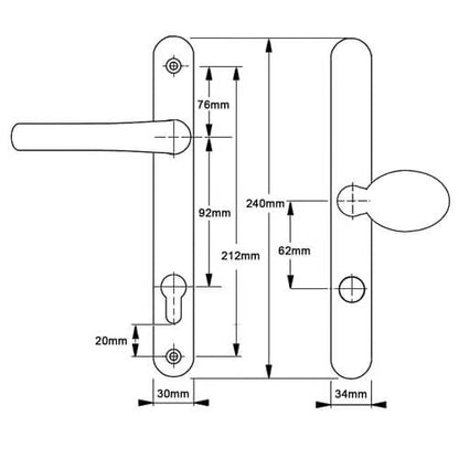Pro Secure TS007 2* Lever Moveable Pad UPVC Multipoint Door Handles - 92/62mm PZ Sprung 212mm Screw Centres