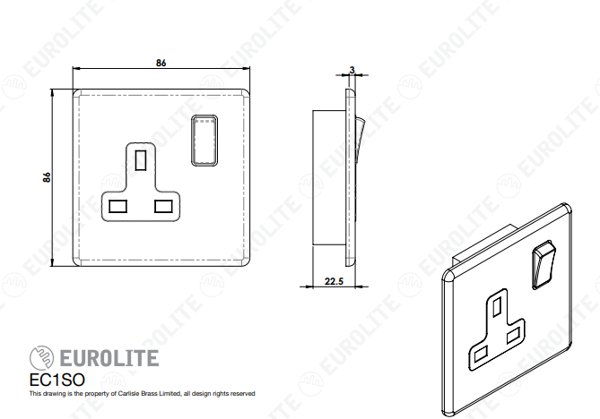 Concealed 3mm 1 Gang Socket