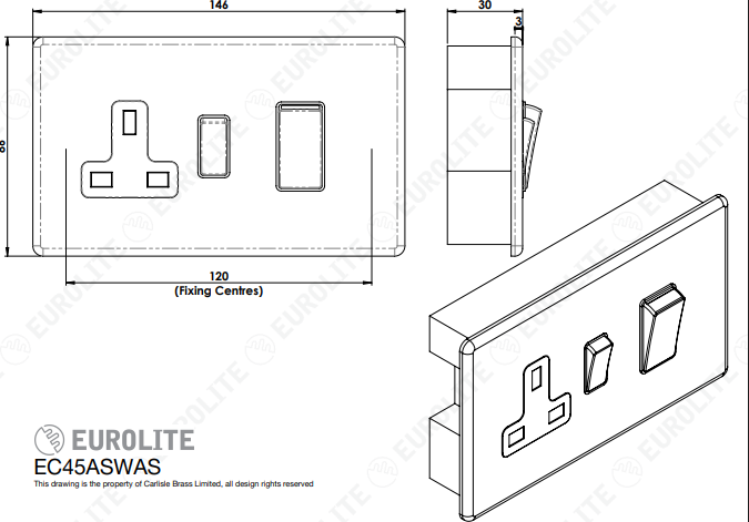 Concealed 3mm 45Amp Cooker Switch with Socket