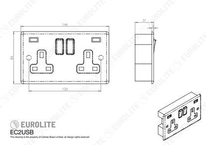 Concealed 3mm 2 Gang USB Socket