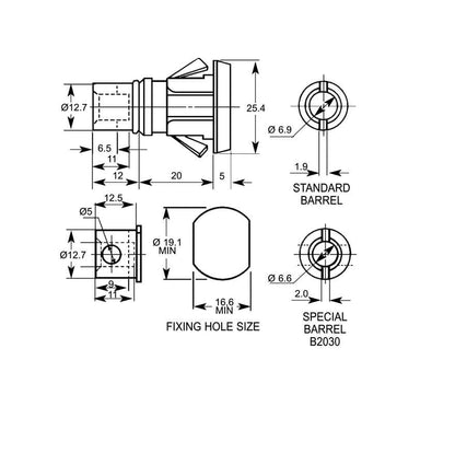 1306 Square Face Snap Fix 20mm Body Multi-Drawer Cam Lock
