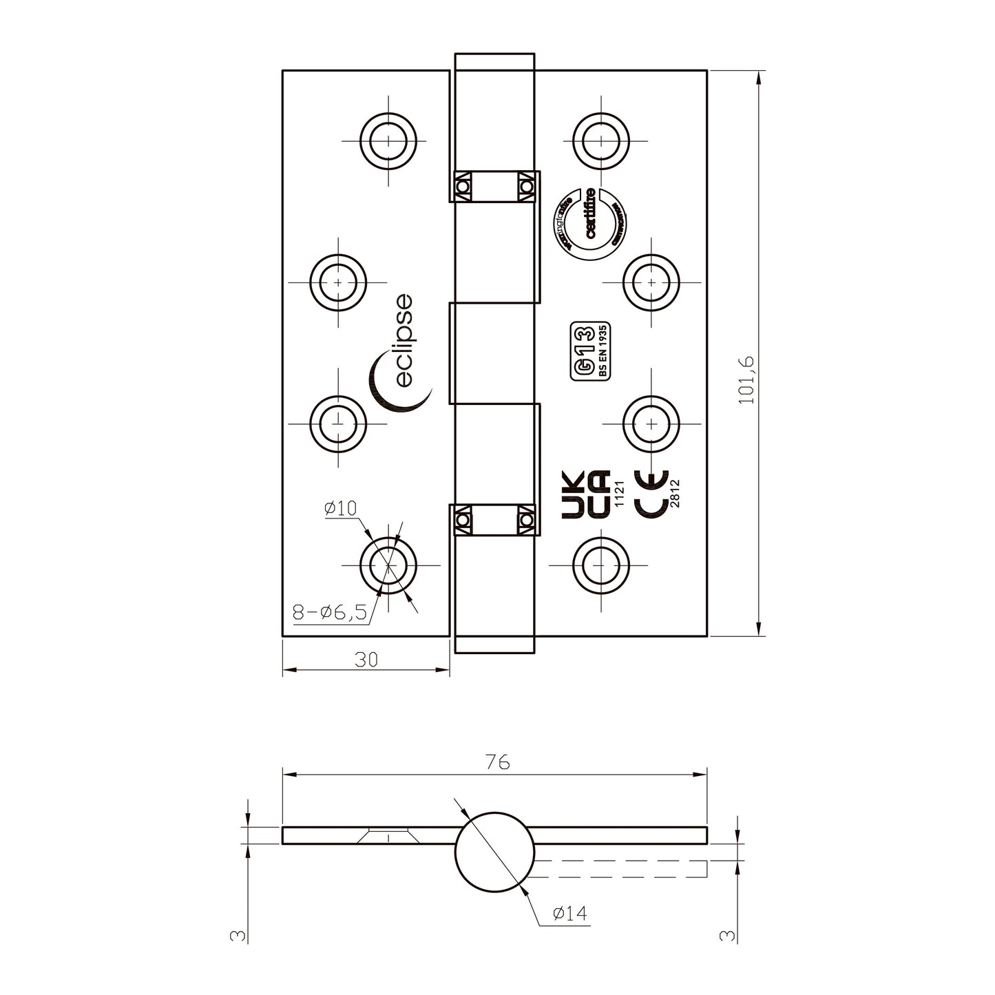 G13 102x76x3mm Ball Bearing Hinge