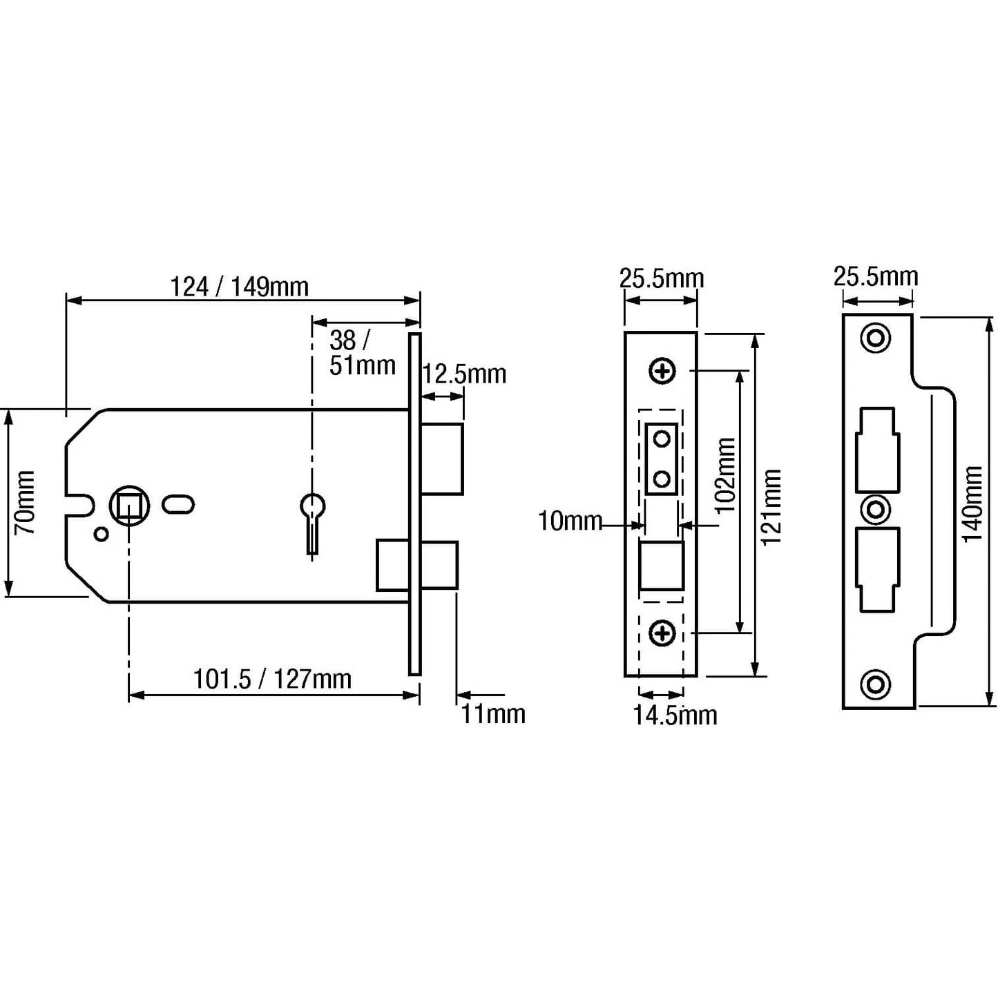 2077 Horizontal 3 Lever Mortice Sashlock