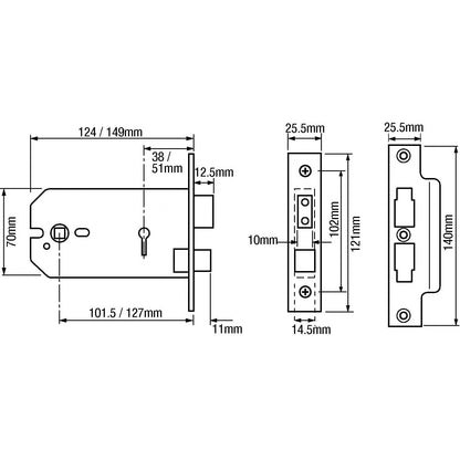 2077 Horizontal 3 Lever Mortice Sashlock