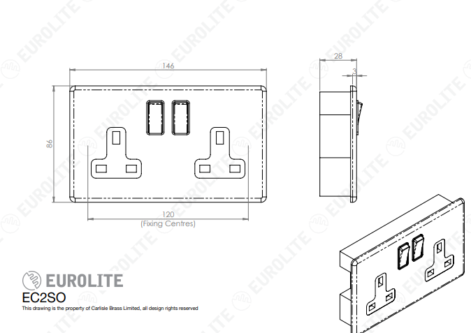 Concealed 3mm 2 Gang Socket