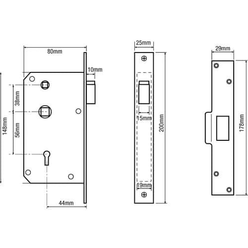 3R35X Egress Non British Standard 5 Lever Mortice Deadlocking Latch