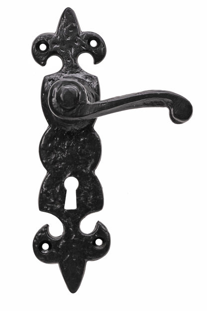 Black antique fleur-de-lys lever lock/latch/bathroom set