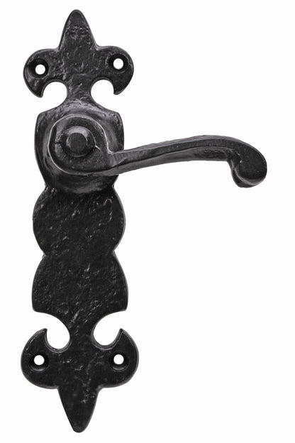 Black antique fleur-de-lys lever lock/latch/bathroom set