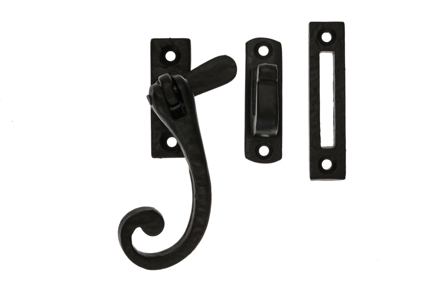 black antique curly tail pattern hook & mortice casement fastener