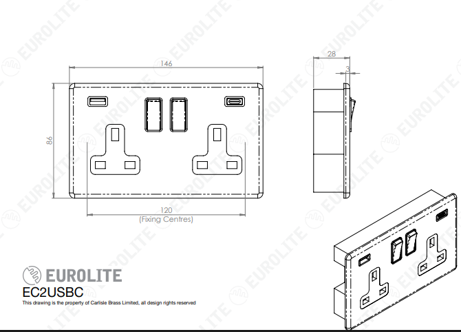 Concealed 3mm 2 Gang USBC Socket