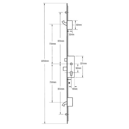 Latch Deadbolt 2 Hooks 2 Rollers Split Spindle Multipoint Door Lock - Option 2 (top hook to spindle = 730mm)