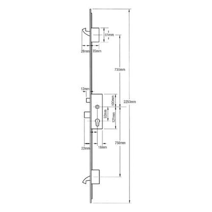 Latch Deadbolt 2 Small Hooks Split Spindle Multipoint Door Lock - Option 2 (top hook to spindle = 730mm)