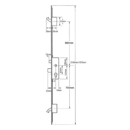 Latch Deadbolt 2 Small Hooks Split Spindle Multipoint Door Lock - 20mm Faceplate - Option 3 (top hook to spindle = 680mm)