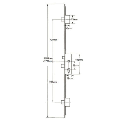 A2 Latch 3 Deadbolts Auto Locking Multipoint Door Lock (top deadbolt to spindle = 730mm)