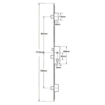 A2 Latch 3 Deadbolts Auto Locking Multipoint Door Lock (top deadbolt to spindle = 800mm)