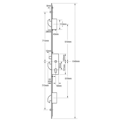 Latch 3 Hooks 2 Rollers Split Spindle Multipoint Door Lock - Option 1 (top hook to spindle = 610mm)