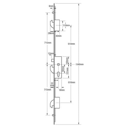 Latch 3 Hooks 2 Rollers Split Spindle Multipoint Door Lock - Option 1 (top hook to spindle = 610mm)