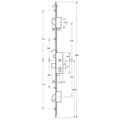 Latch Deadbolt 2 Hooks 4 Rollers Split Spindle Multipoint Door Lock - Option 1 (top hook to spindle = 610mm)