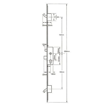 Latch Deadbolt 2 Large Hooks Split Spindle Multipoint Door Lock - Option 2 (top hook to spindle = 730mm)