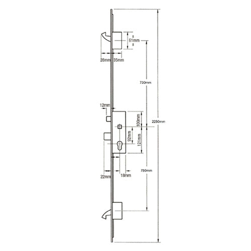 Latch Deadbolt 2 Large Hooks Split Spindle Multipoint Door Lock - Option 2 (top hook to spindle = 730mm)