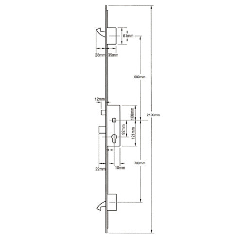 Latch Deadbolt 2 Large Hooks Split Spindle Multipoint Door Lock - Option 3 (top hook to spindle = 680mm)
