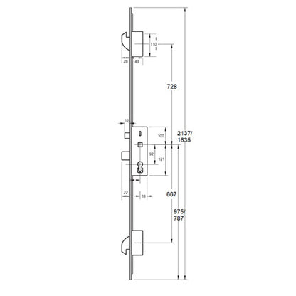 Invincible Latch Deadbolt 2 Hooks Split Spindle Multipoint Door Lock - Option 1 (top hook to spindle = 728mm)