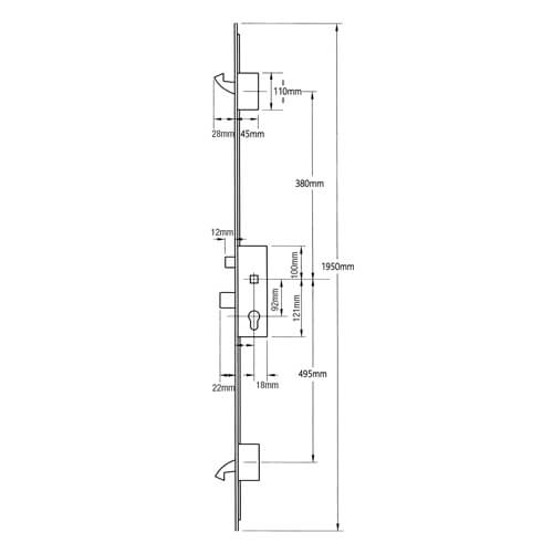 Latch Deadbolt 2 Hooks Interlocking French Door Lock Split Spindle Multipoint Door Lock (top hook to spindle = 380mm)