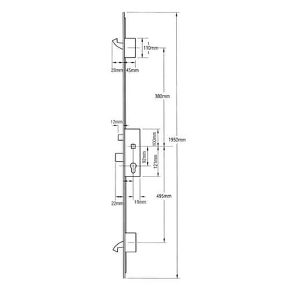 Latch Deadbolt 2 Hooks Interlocking French Door Lock Split Spindle Multipoint Door Lock (top hook to spindle = 380mm)