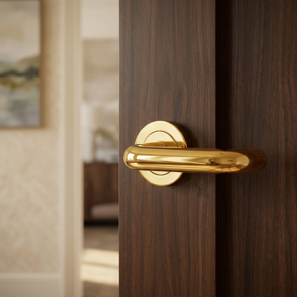Studio H Lever on Round rose in Polished Brass