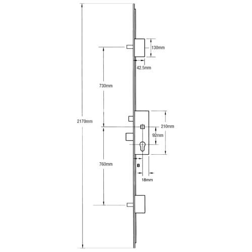Latch Deadbolt 2 Pin Bolts Lift Lever Multipoint Door Lock (top pin to spindle = 730mm)
