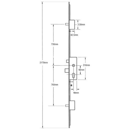 Latch Deadbolt 2 Pin Bolts Lift Lever Multipoint Door Lock (top pin to spindle = 730mm)