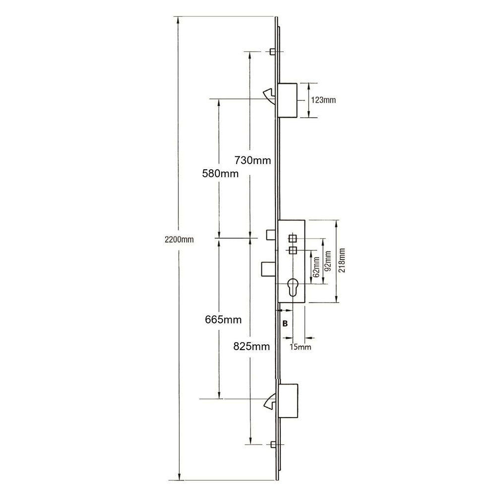 Latch Deadbolt 2 Hooks 2 Rollers Double Spindle Multipoint Door Lock (top roller to spindle = 730mm) - Shootbolt Compatible
