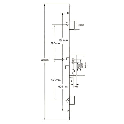 Latch Deadbolt 2 Hooks 2 Rollers Double Spindle Multipoint Door Lock (top roller to spindle = 730mm) - Shootbolt Compatible